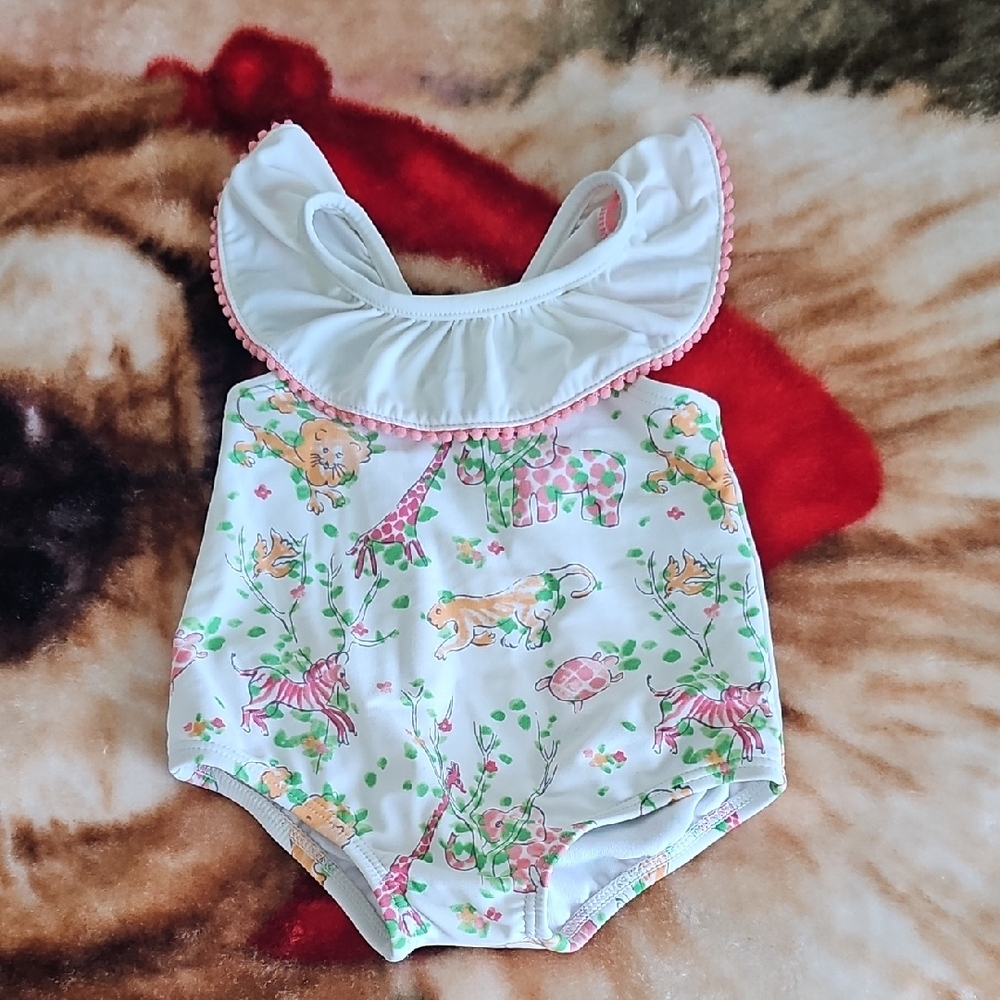 Janie and Jack White One-Piece Swimsuit with Pink and Green Safari Print